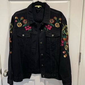 Gianni Bini Black Denim Floral Embroidered Button Up Jacket